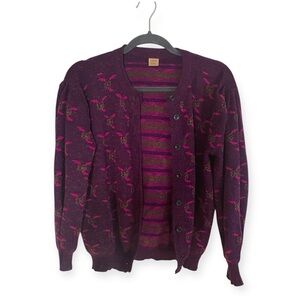 Vintage Özsoy Örme Plum Mohair Floral Cardigan Türkiye M/L 80s Cottagecore Knit